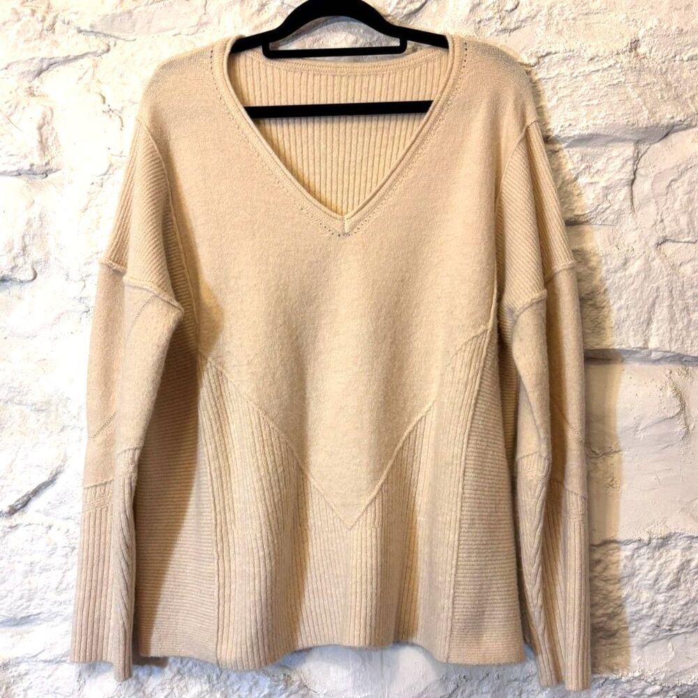 Cotton Flax V Neck Mixed Knit Sweater Ivory XL Granola Minimalist Lagenlook
